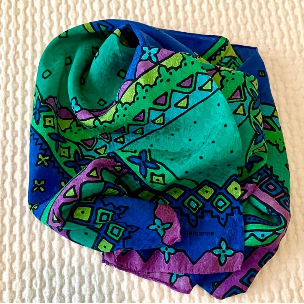 Vintage Liz Claiborne silk oblong scarf, bold jewel tones in blue, green, purple